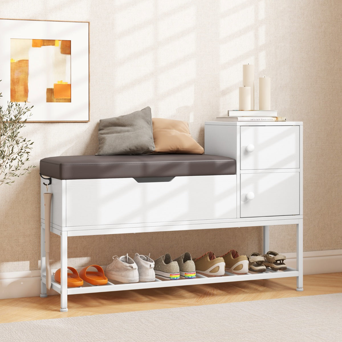 Entryway Bench with Flip Top Box and 2 Door Cabinets for Hallway Living Room-White