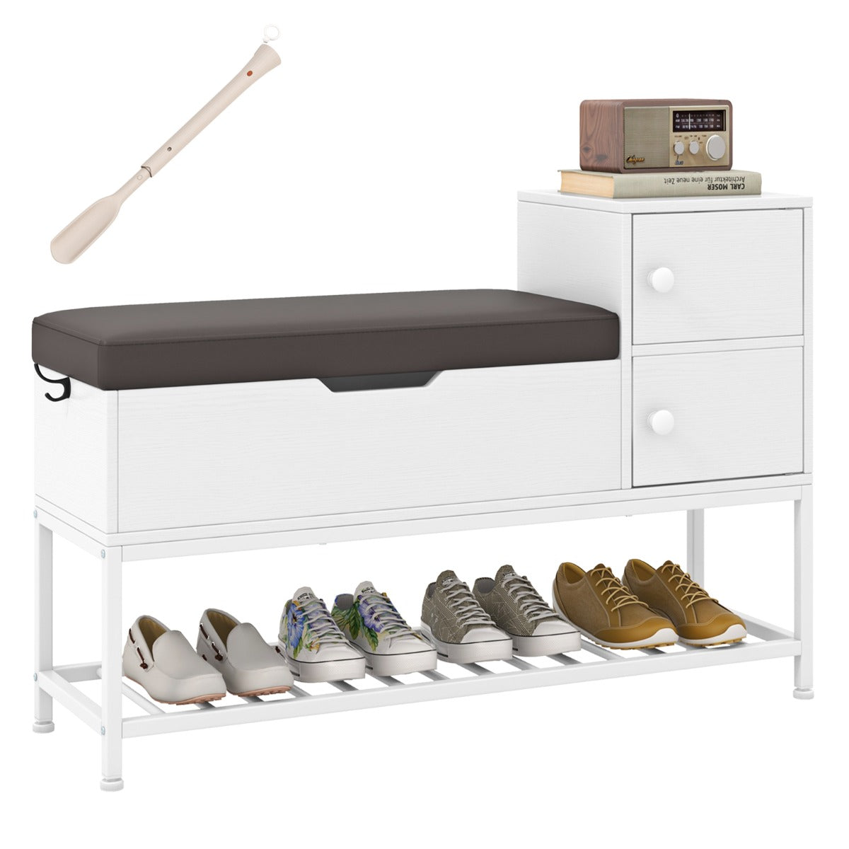 Entryway Bench with Flip Top Box and 2 Door Cabinets for Hallway Living Room-White