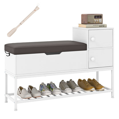 Entryway Bench with Flip Top Box and 2 Door Cabinets for Hallway Living Room-White