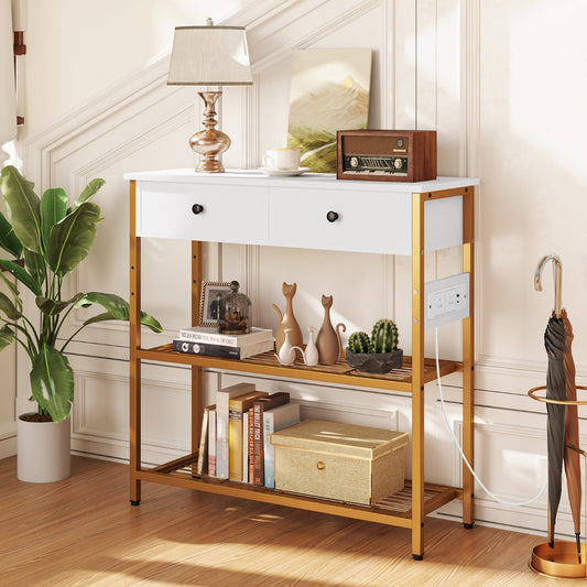 Entryway Table with Charging Station and 2 Metal Mesh Shelves-White