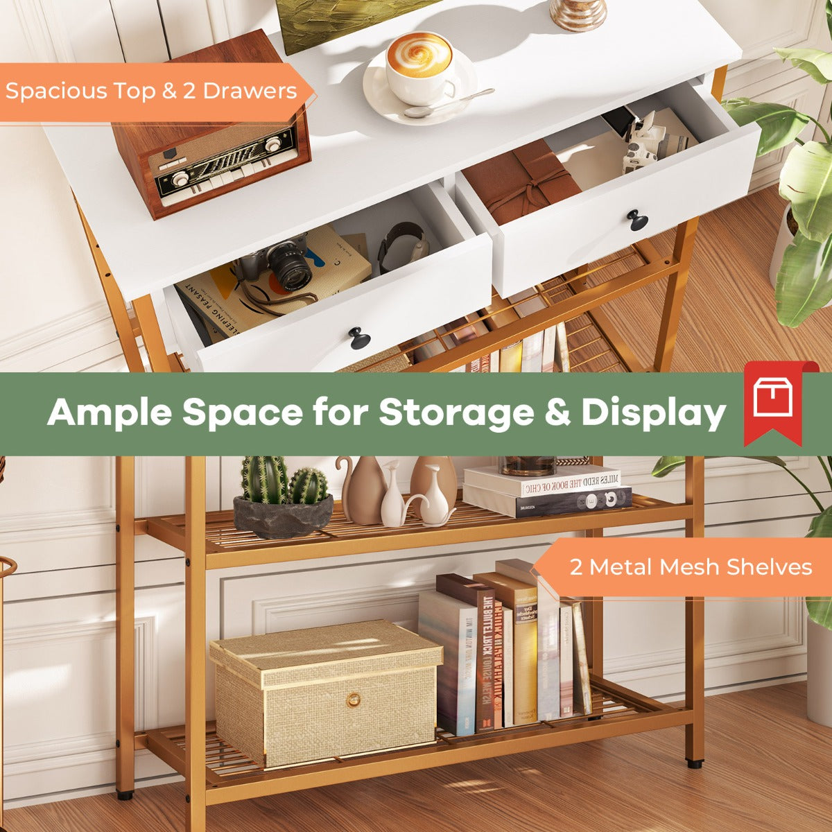 Entryway Table with Charging Station and 2 Metal Mesh Shelves-White