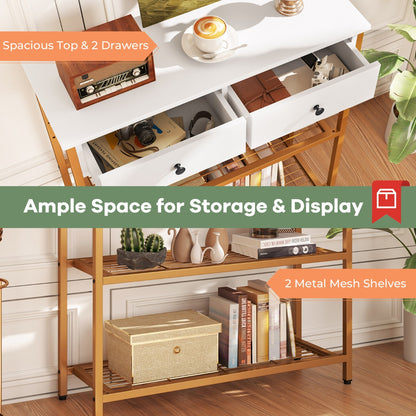 Entryway Table with Charging Station and 2 Metal Mesh Shelves-White