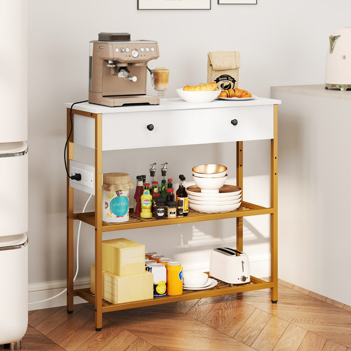 Entryway Table with Charging Station and 2 Metal Mesh Shelves-White