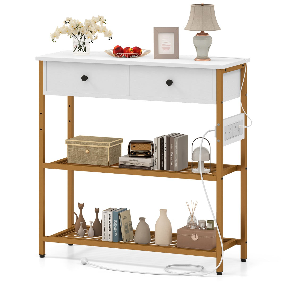 Entryway Table with Charging Station and 2 Metal Mesh Shelves-White