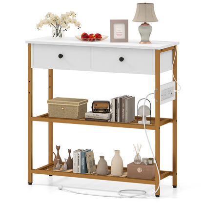 Entryway Table with Charging Station and 2 Metal Mesh Shelves-White