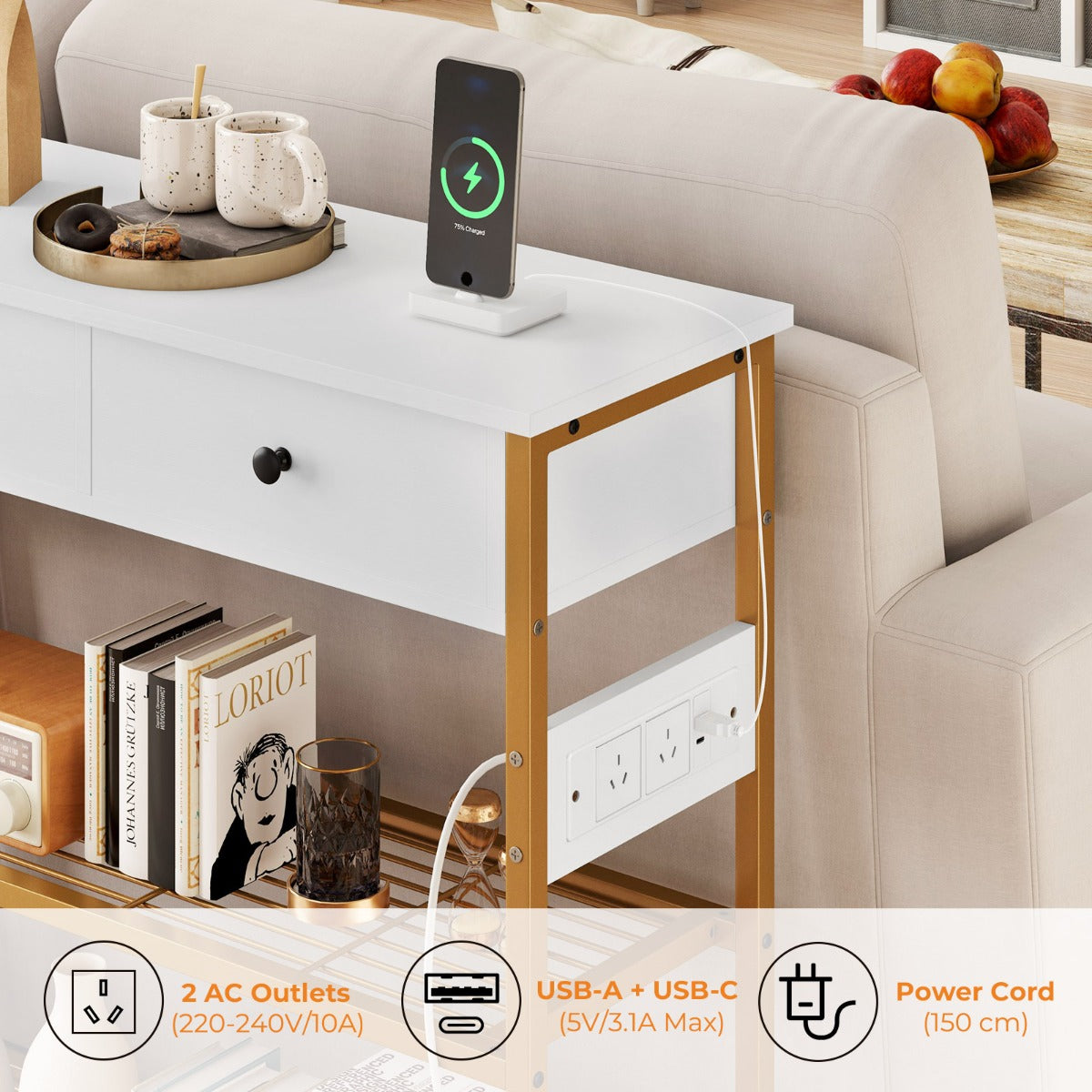 Entryway Table with Charging Station and 2 Metal Mesh Shelves-White