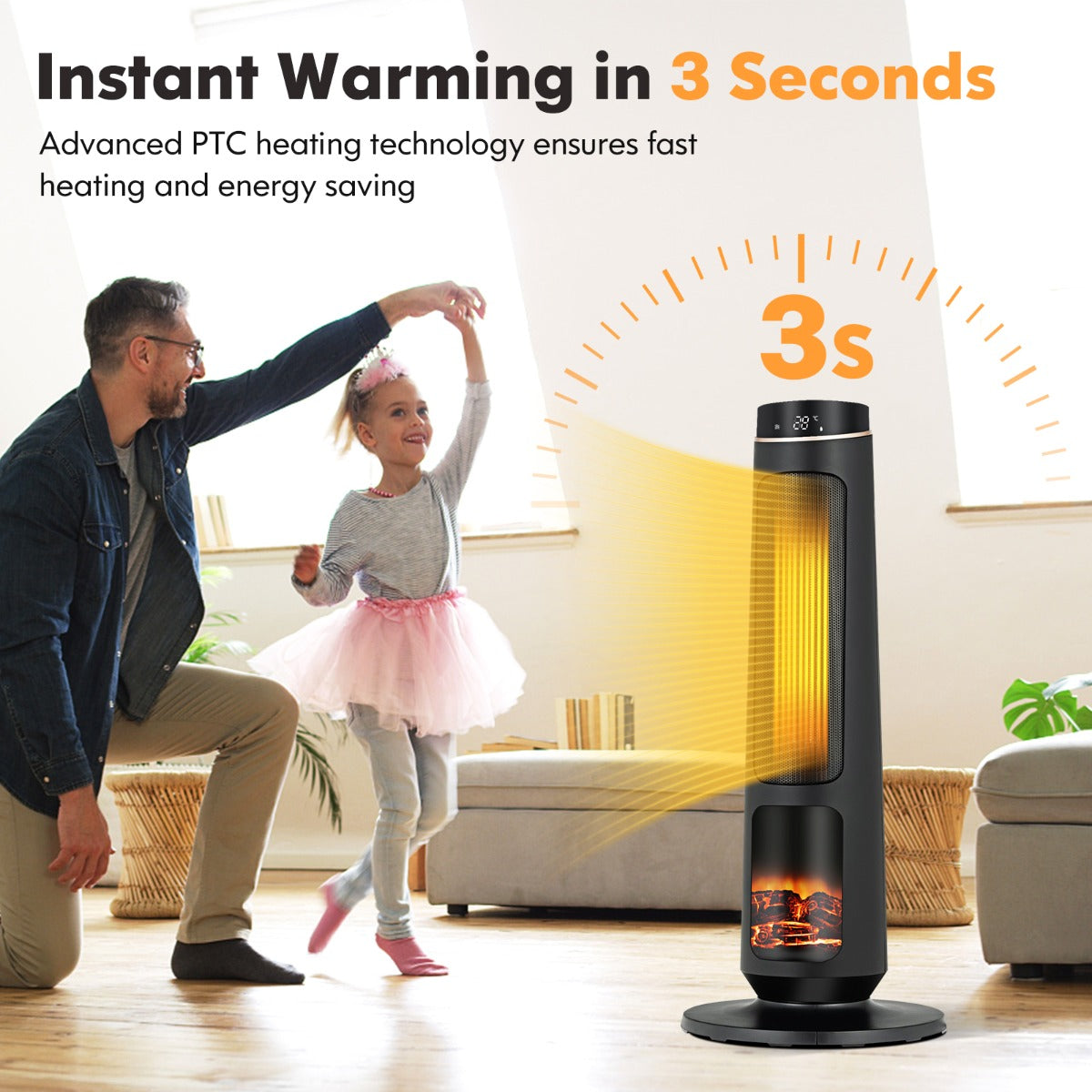 2500W PTC Electric Space Heater with 3D Realistic Flame & 3 Modes