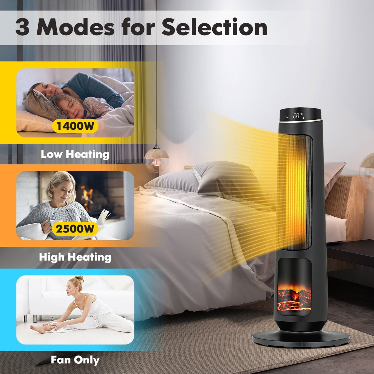 2500W PTC Electric Space Heater with 3D Realistic Flame & 3 Modes