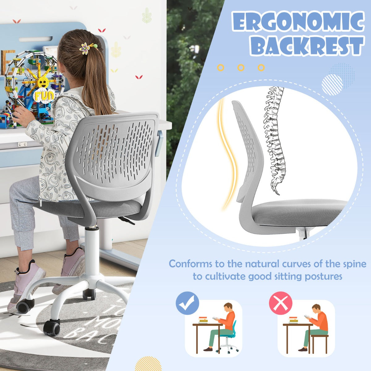 Ergonomic Children Study Chair with Adjustable Height for Boys Girls Teens-Grey