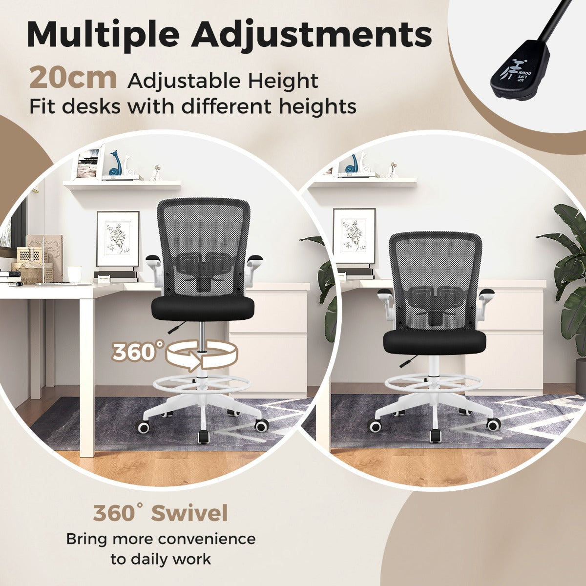 Ergonomic Drafting Chair with Flip-Up Armrest-White