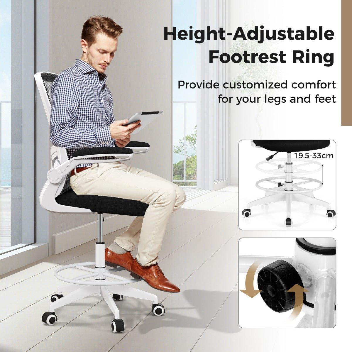 Ergonomic Drafting Chair with Flip-Up Armrest-White