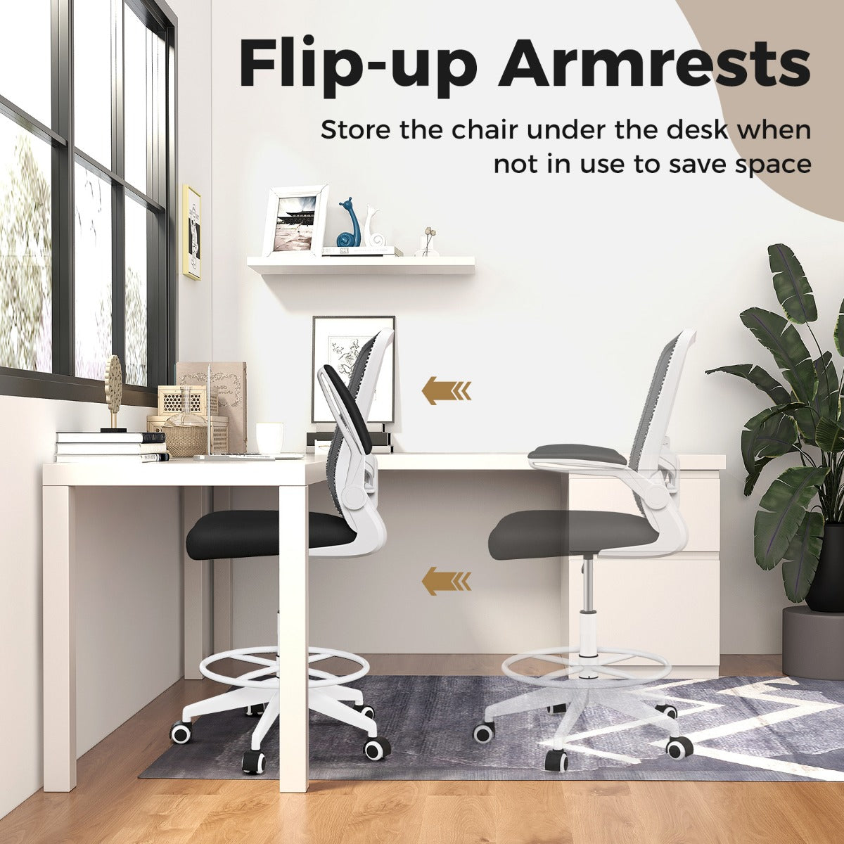 Ergonomic Drafting Chair with Flip-Up Armrest-White