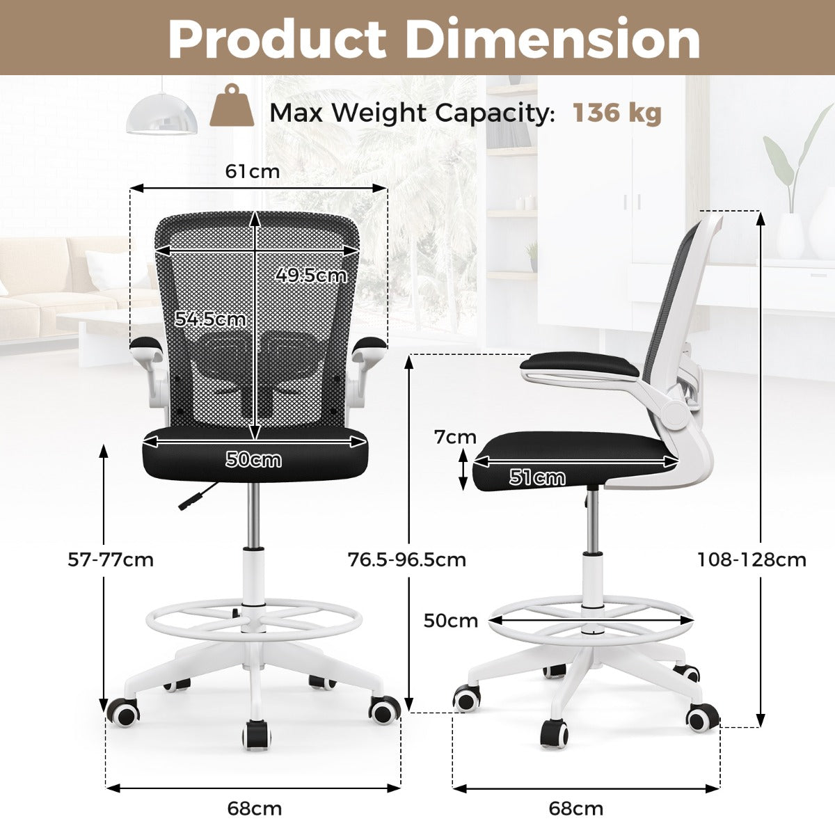 Ergonomic Drafting Chair with Flip-Up Armrest-White