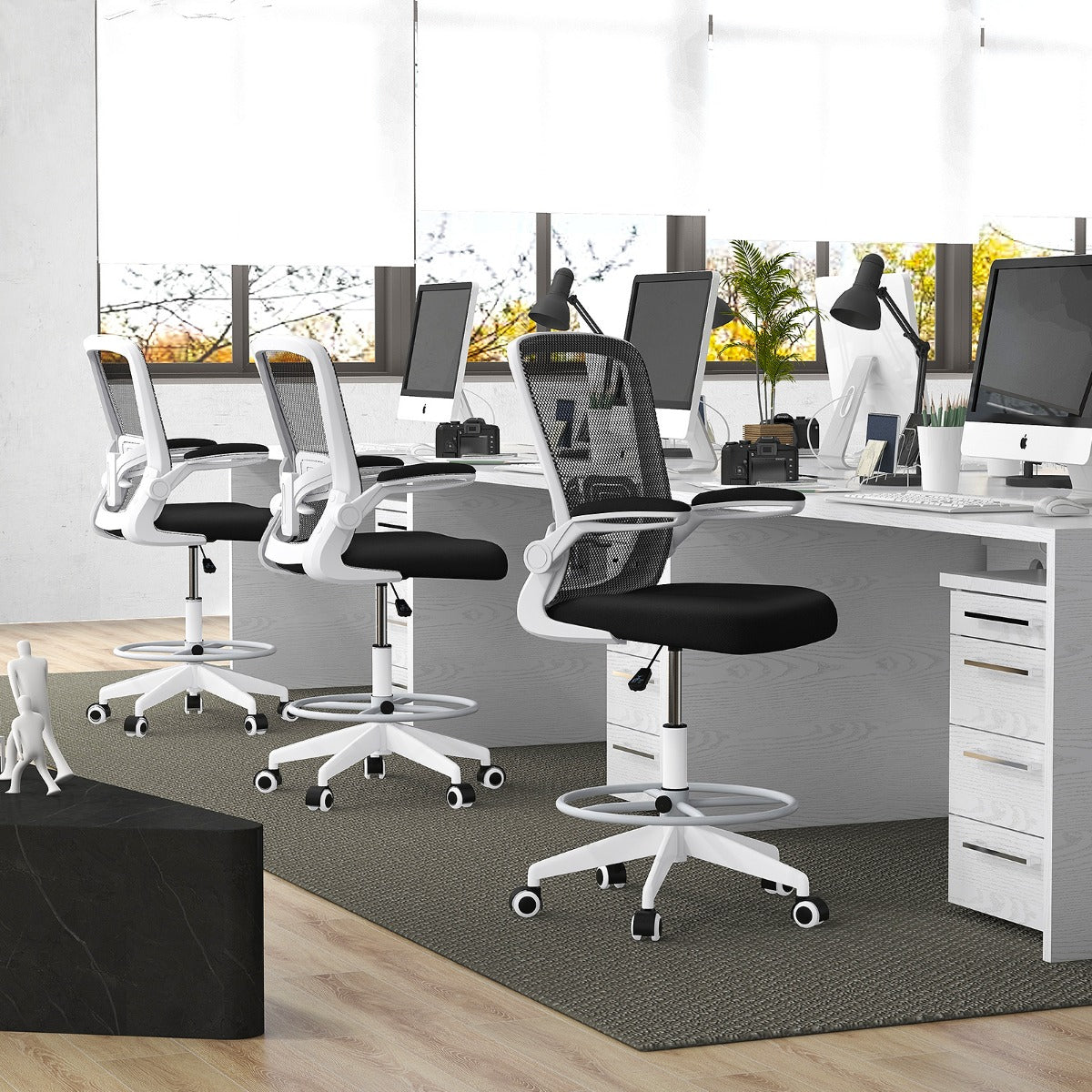 Ergonomic Drafting Chair with Flip-Up Armrest-White