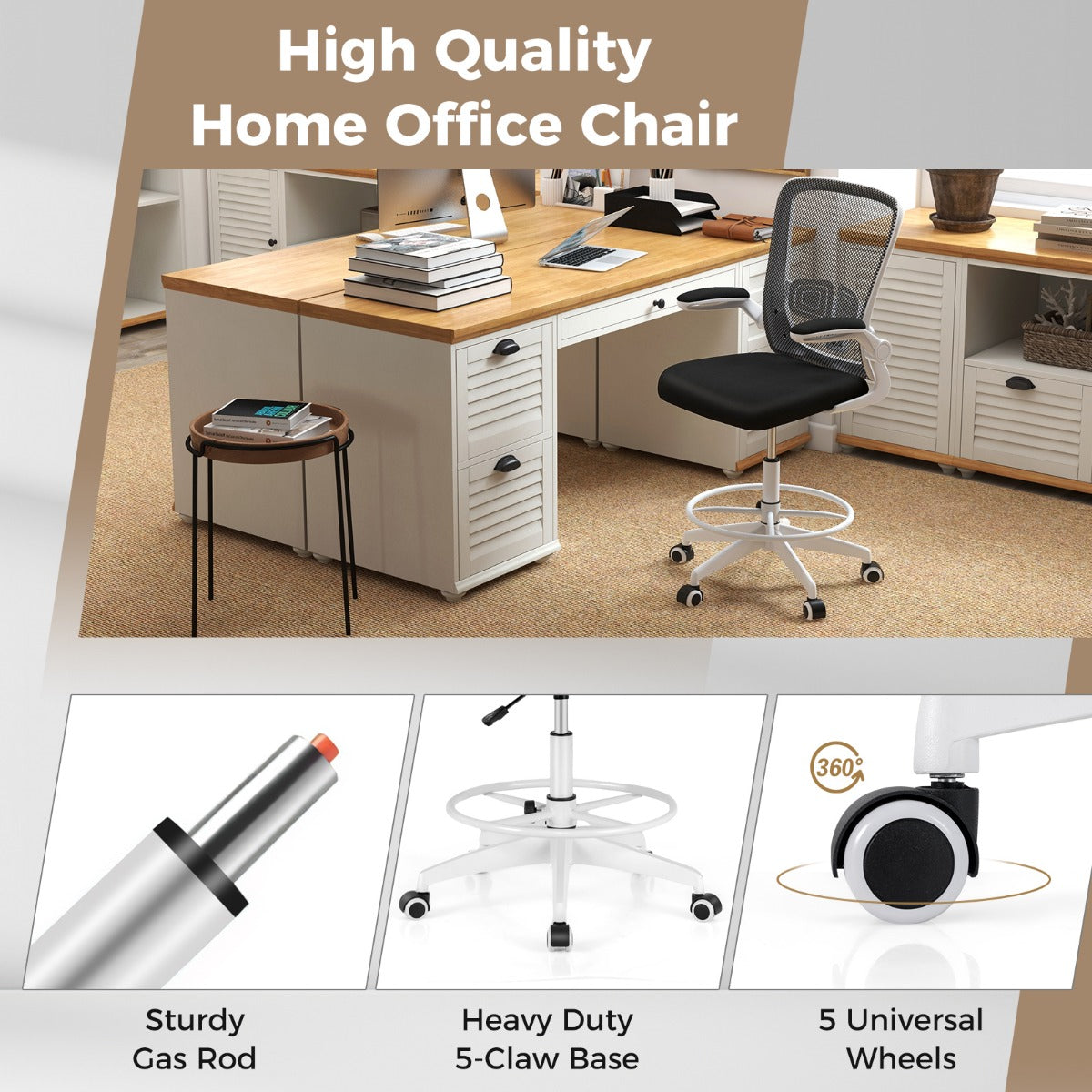 Ergonomic Drafting Chair with Flip-Up Armrest-White