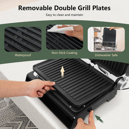 Two removable non-stick grill plates accommodate four sandwiches or two large paninis
