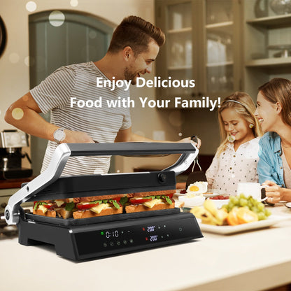 Dishwasher-safe cooking plates and detachable drip tray simplify grease and food cleanup