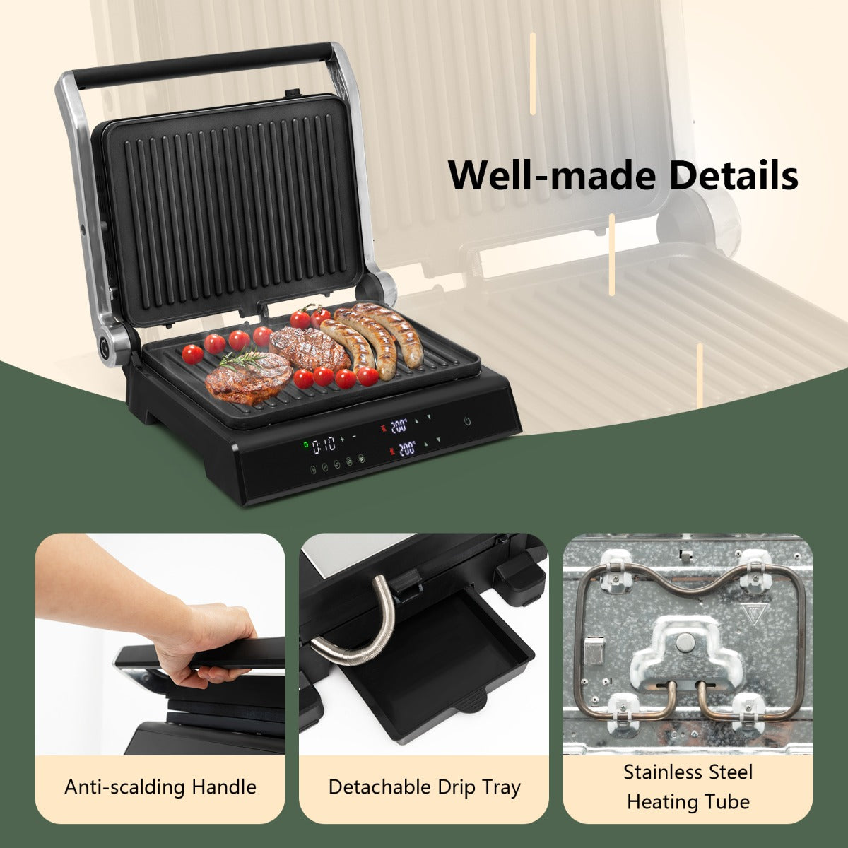 Adjustable lid opens to 90 or 180 degrees for versatile grilling and panini preparation