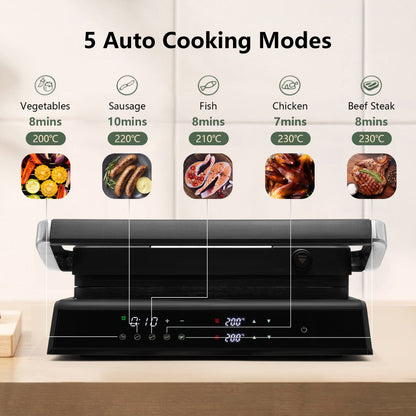 Five automatic cooking presets prepare vegetables, sausage, fish, chicken and beef steak