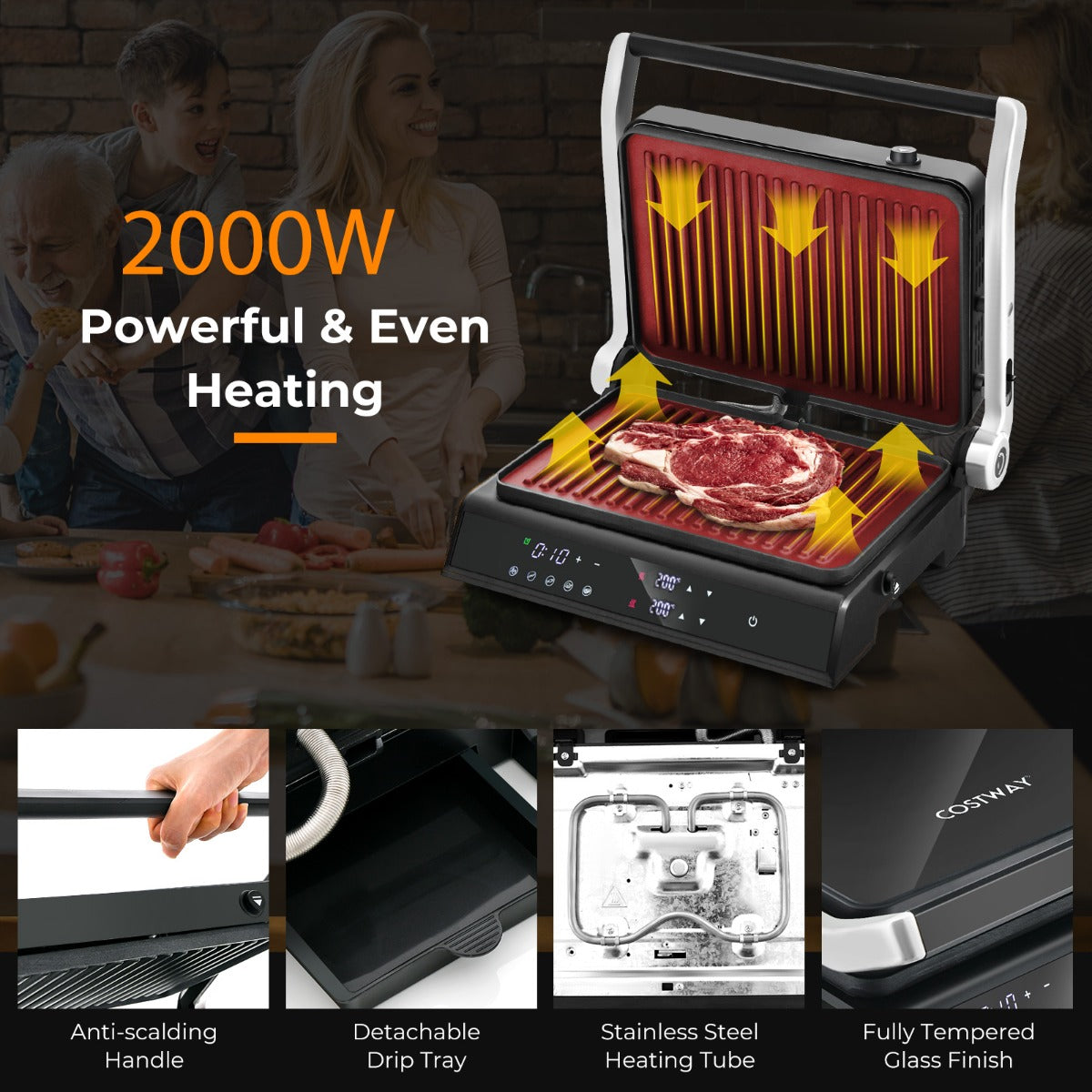 3 in 1 Indoor Grill with Nonstick Grill Plates & Removable Drip Tray