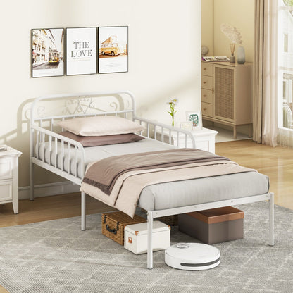 Metal daybed features integrated armrests and a backrest for comfortable daytime lounging