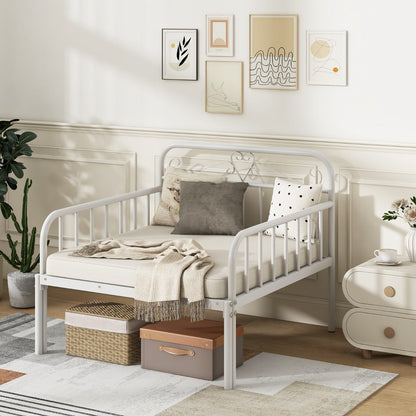 Spacious clearance beneath the metal daybed provides convenient storage for boxes and shoes