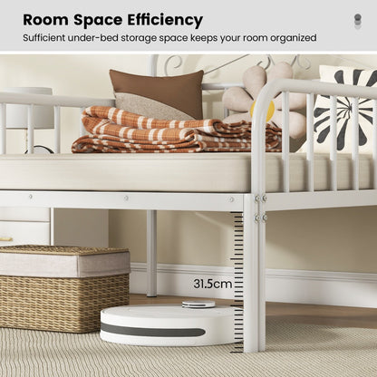 Ventilated metal slats provide mattress support without requiring a separate box spring