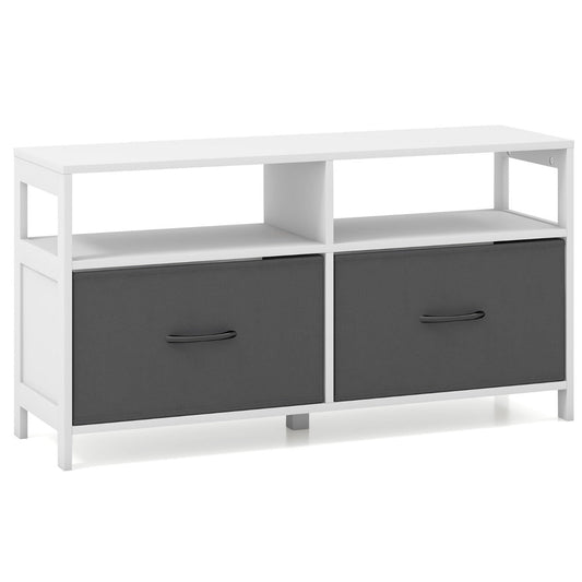 Grey and white storage cabinet keeps bedrooms, living rooms, nurseries, and entryways neat and organized
