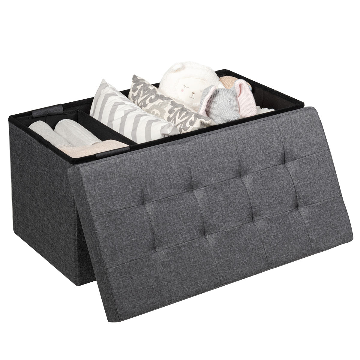 80 cm Fabric Foldable Storage Ottoman with Padded Seat for Living Room Bedroom Entryway-Dark Grey