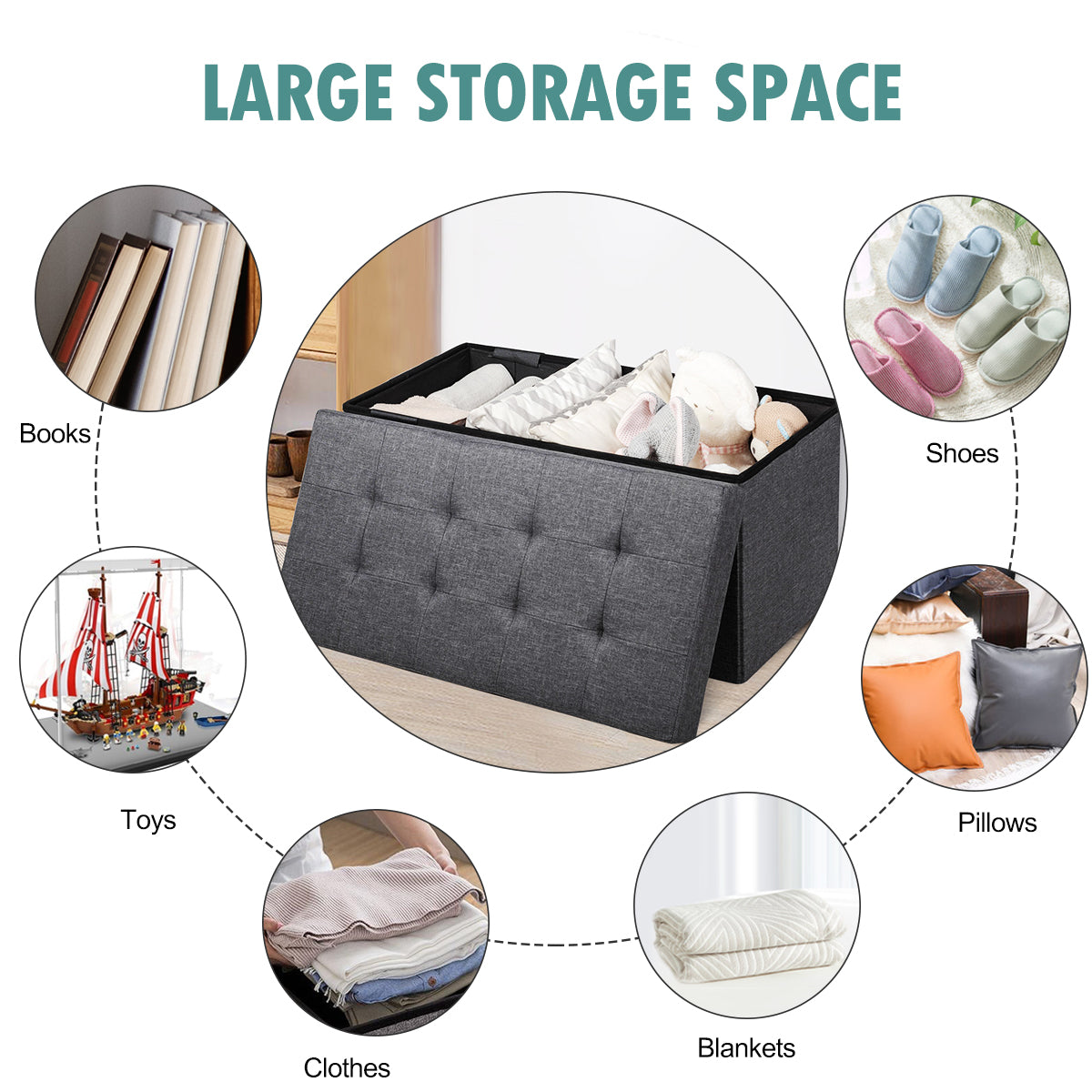 80 cm Fabric Foldable Storage Ottoman with Padded Seat for Living Room Bedroom Entryway-Dark Grey