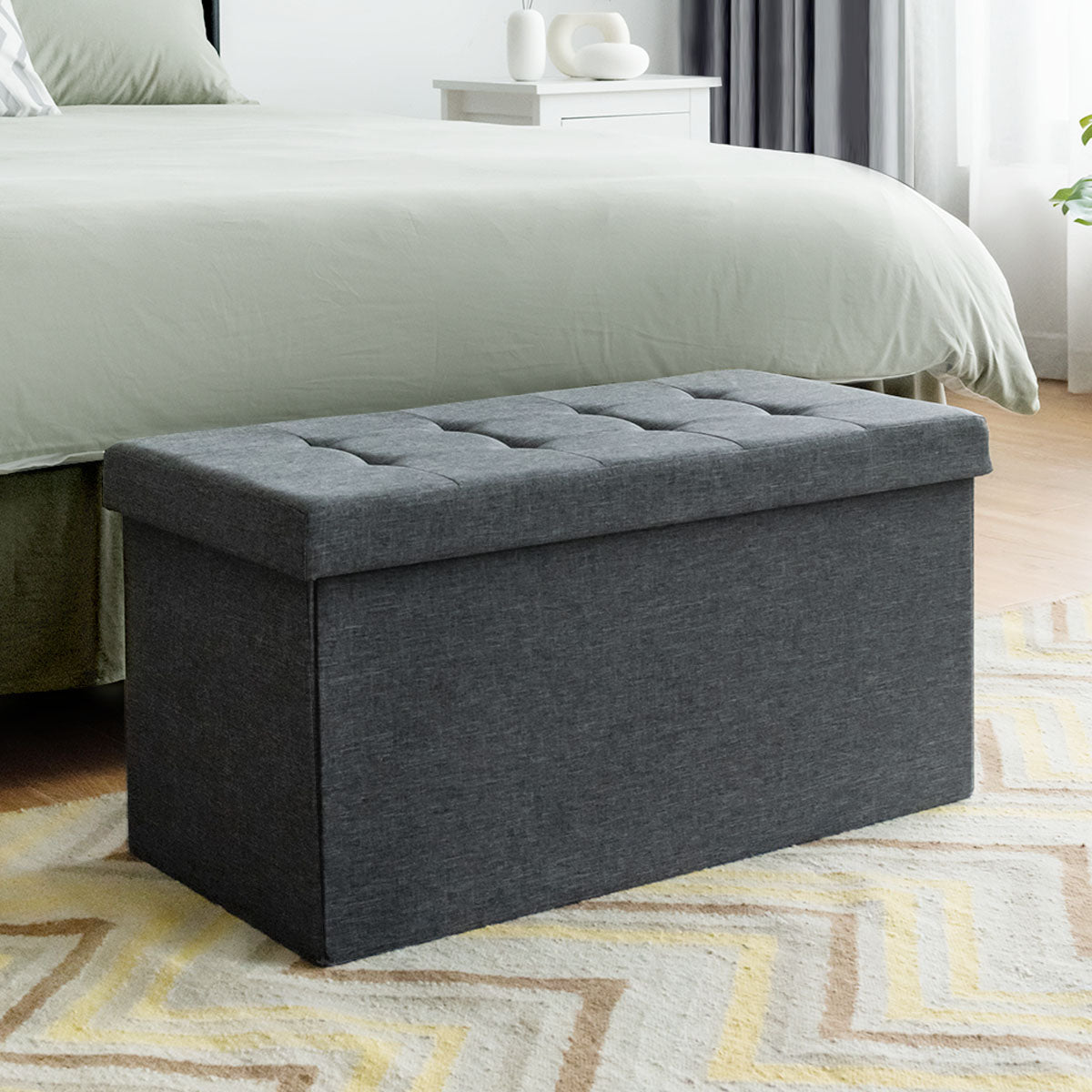 80 cm Fabric Foldable Storage Ottoman with Padded Seat for Living Room Bedroom Entryway-Dark Grey