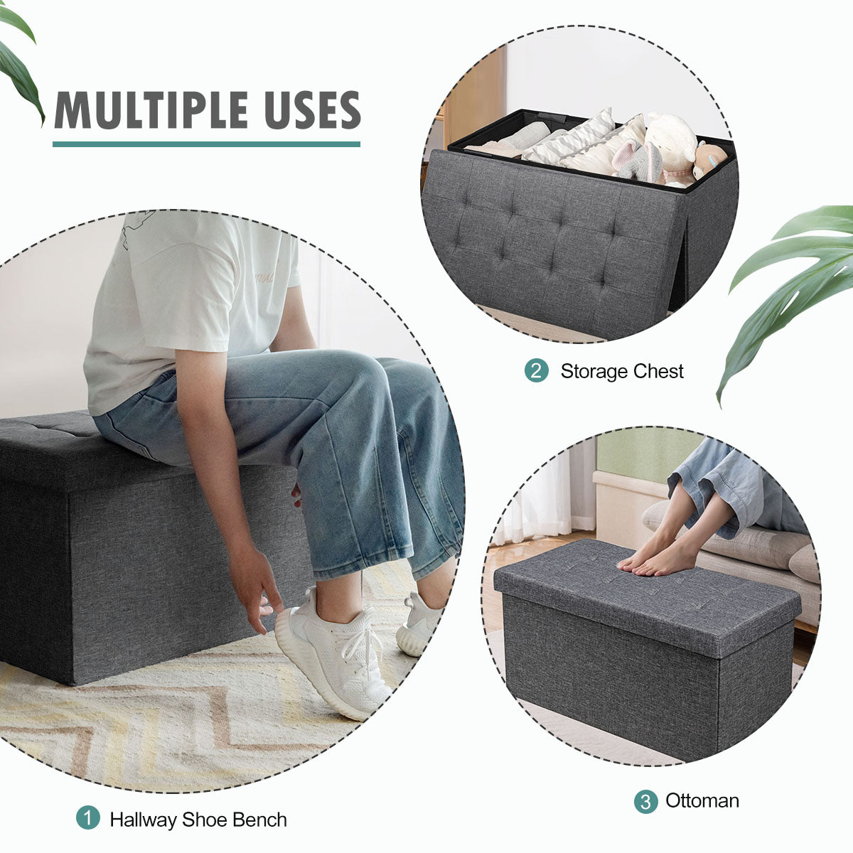 80 cm Fabric Foldable Storage Ottoman with Padded Seat for Living Room Bedroom Entryway-Dark Grey