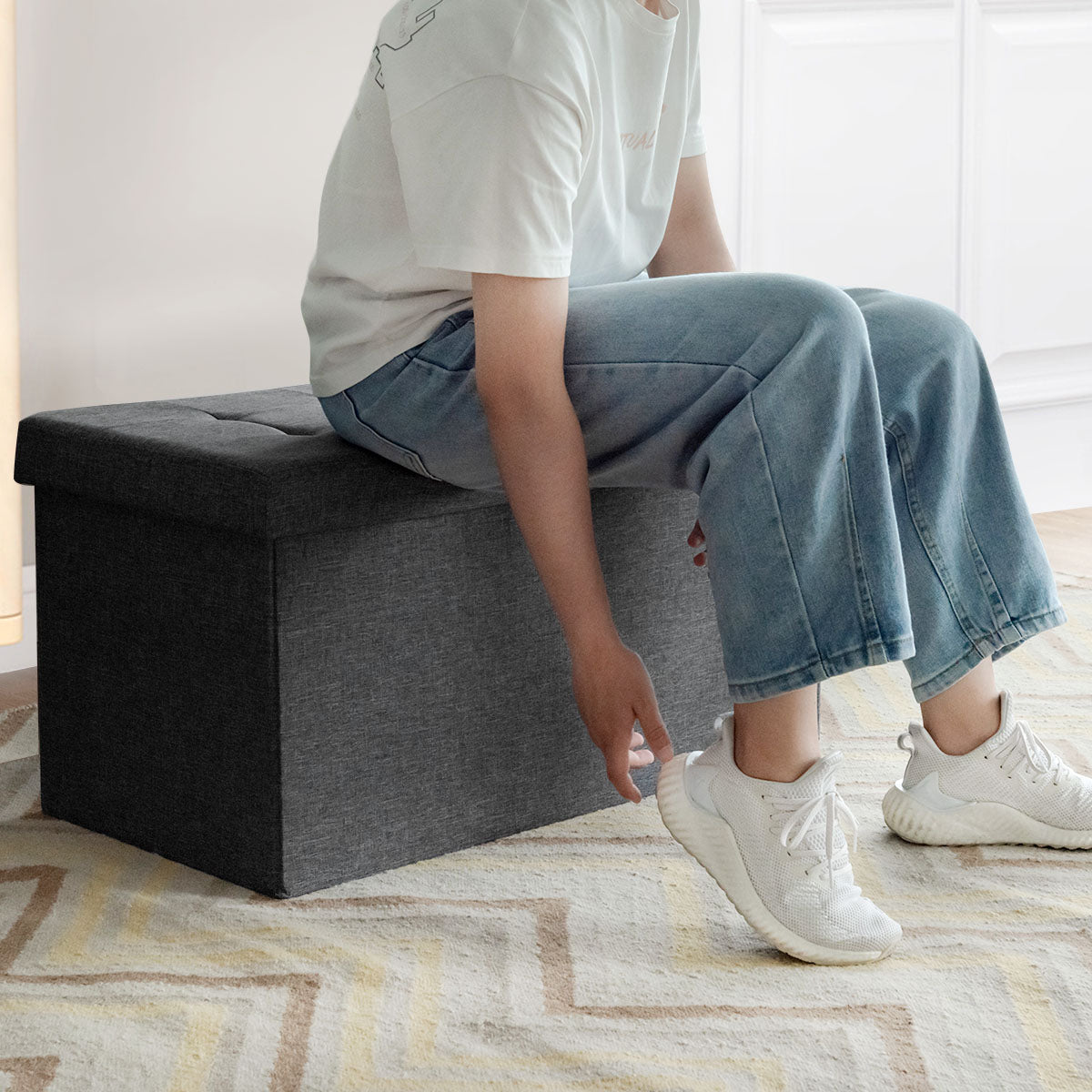 80 cm Fabric Foldable Storage Ottoman with Padded Seat for Living Room Bedroom Entryway-Dark Grey