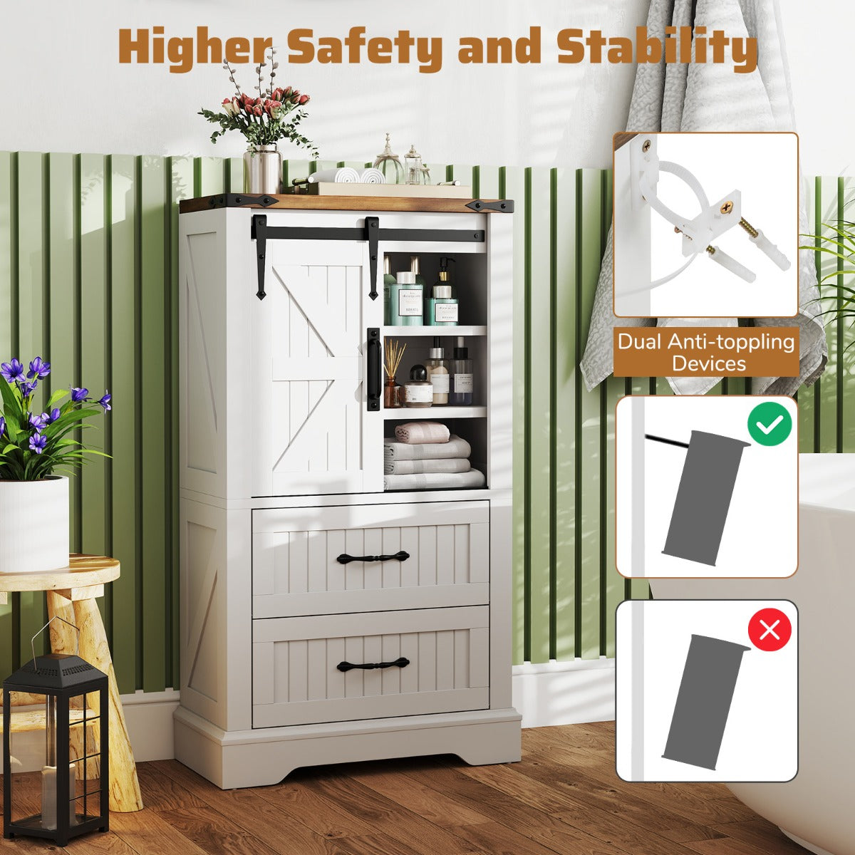 Farmhouse Bathroom Floor Cabinet Wooden Storage Organizer-White