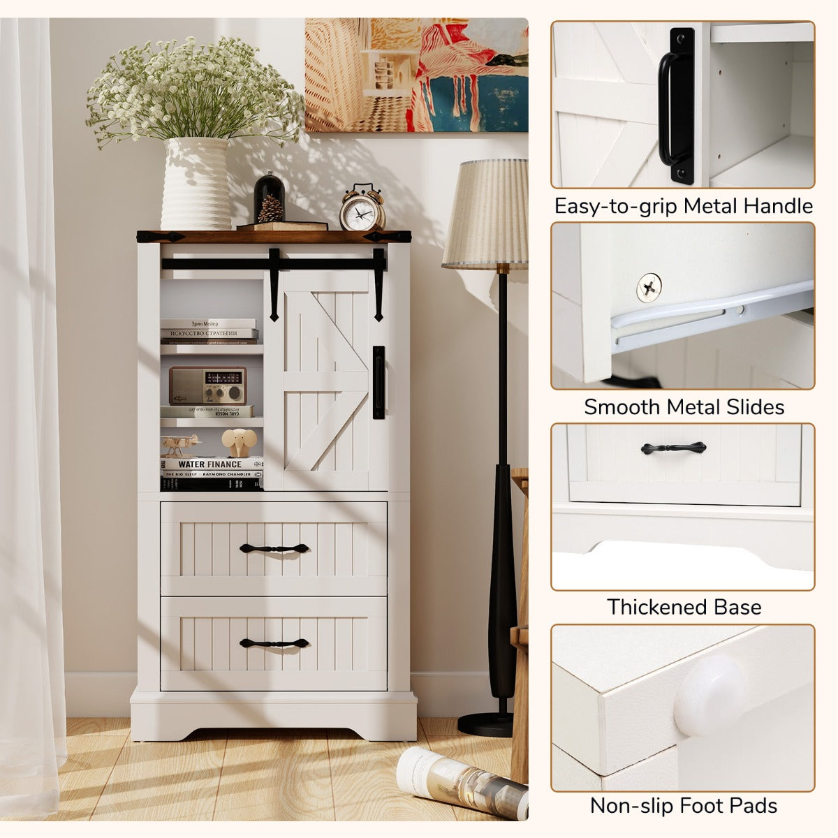 Farmhouse Bathroom Floor Cabinet Wooden Storage Organizer-White