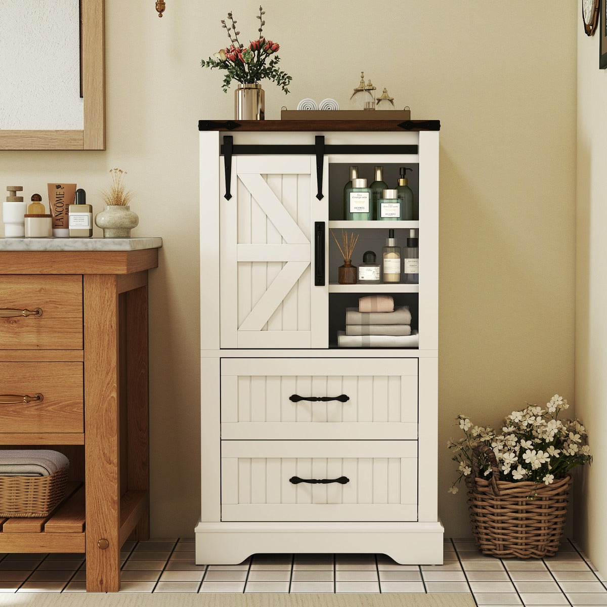 Farmhouse Bathroom Floor Cabinet Wooden Storage Organizer-White