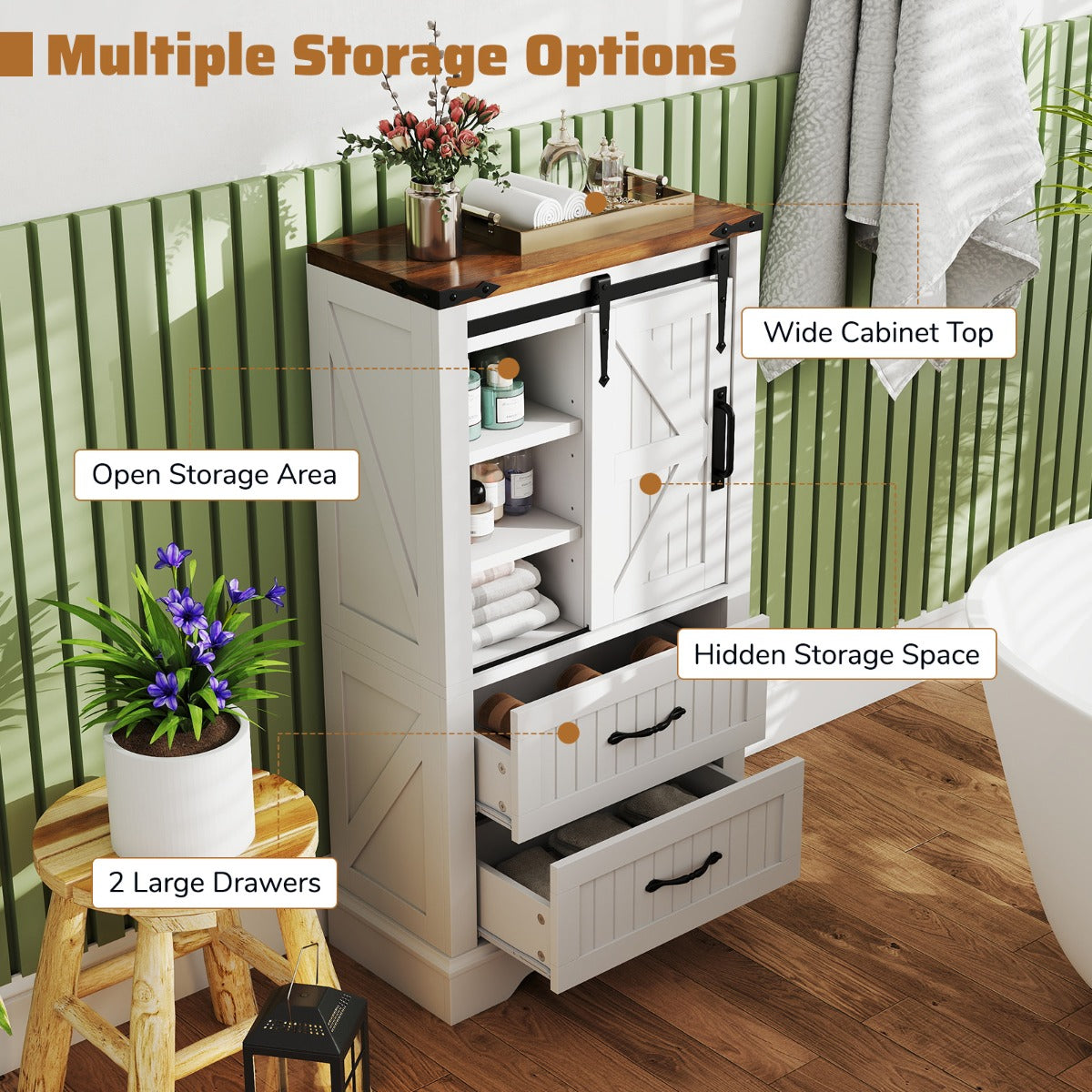 Farmhouse Bathroom Floor Cabinet Wooden Storage Organizer-White