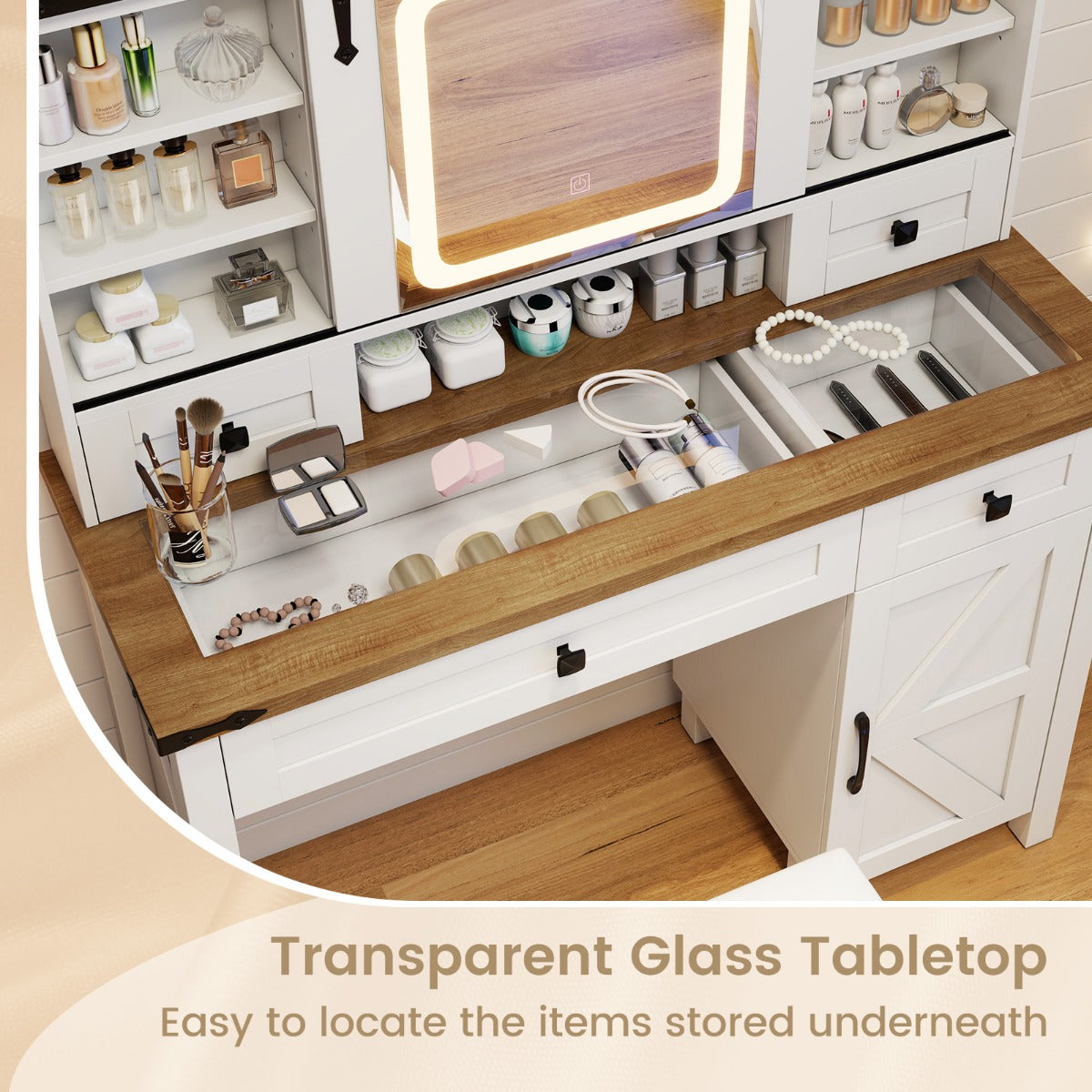 Farmhouse Makeup Vanity Desk with Mirror and Lights-White