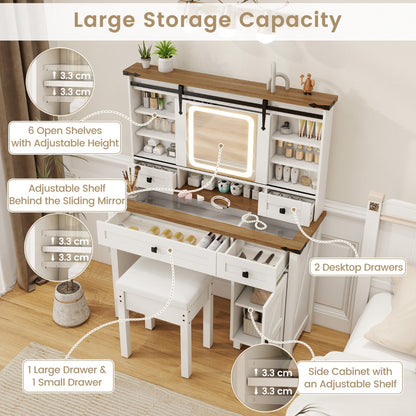 Farmhouse Makeup Vanity Desk with Mirror and Lights-White