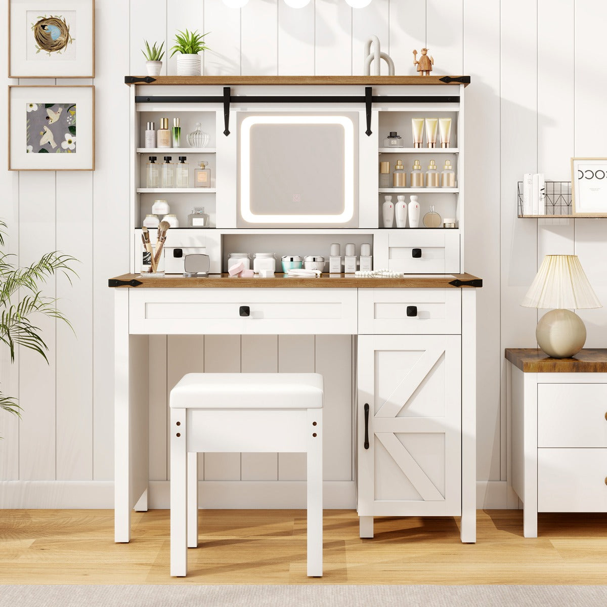 Farmhouse Makeup Vanity Desk with Mirror and Lights-White