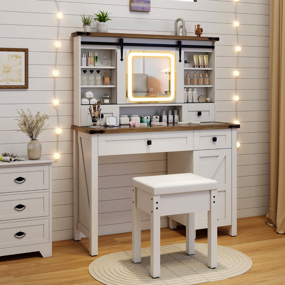 Farmhouse Makeup Vanity Desk with Mirror and Lights-White