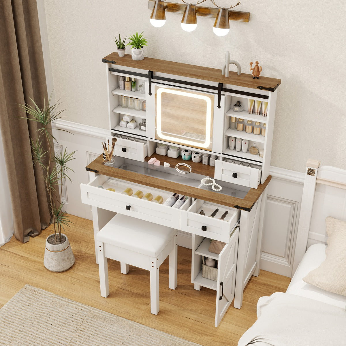 Farmhouse Makeup Vanity Desk with Mirror and Lights-White