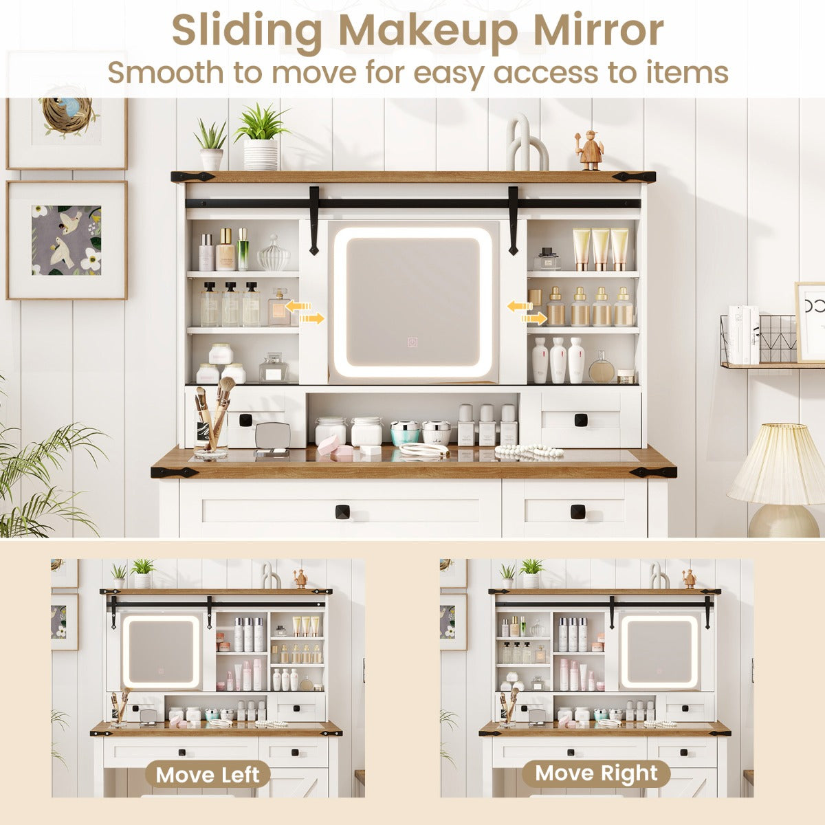 Farmhouse Makeup Vanity Desk with Mirror and Lights-White