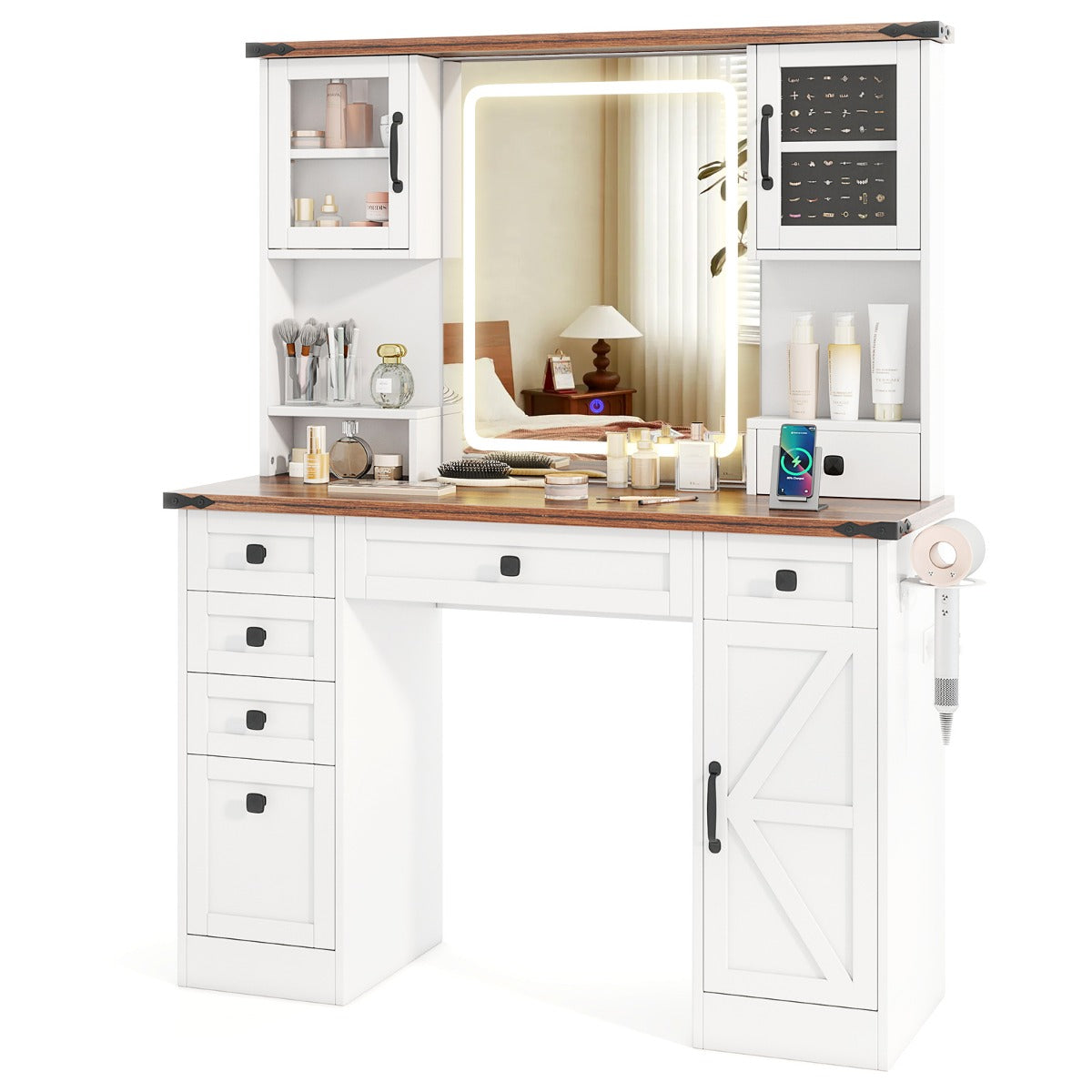Farmhouse Vanity Desk with Lighted Mirror Makeup Vanity Table-White