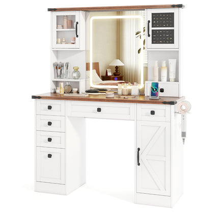 Farmhouse Vanity Desk with Lighted Mirror Makeup Vanity Table-White