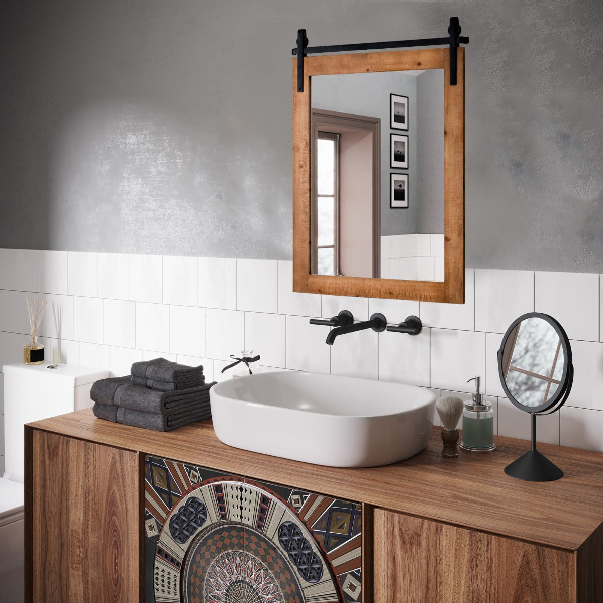 Costway Farmhouse Wall Mirror with Solid Wood Frame and Metal Bracket-Brown