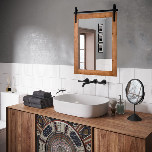 Costway Farmhouse Wall Mirror with Solid Wood Frame and Metal Bracket-Brown