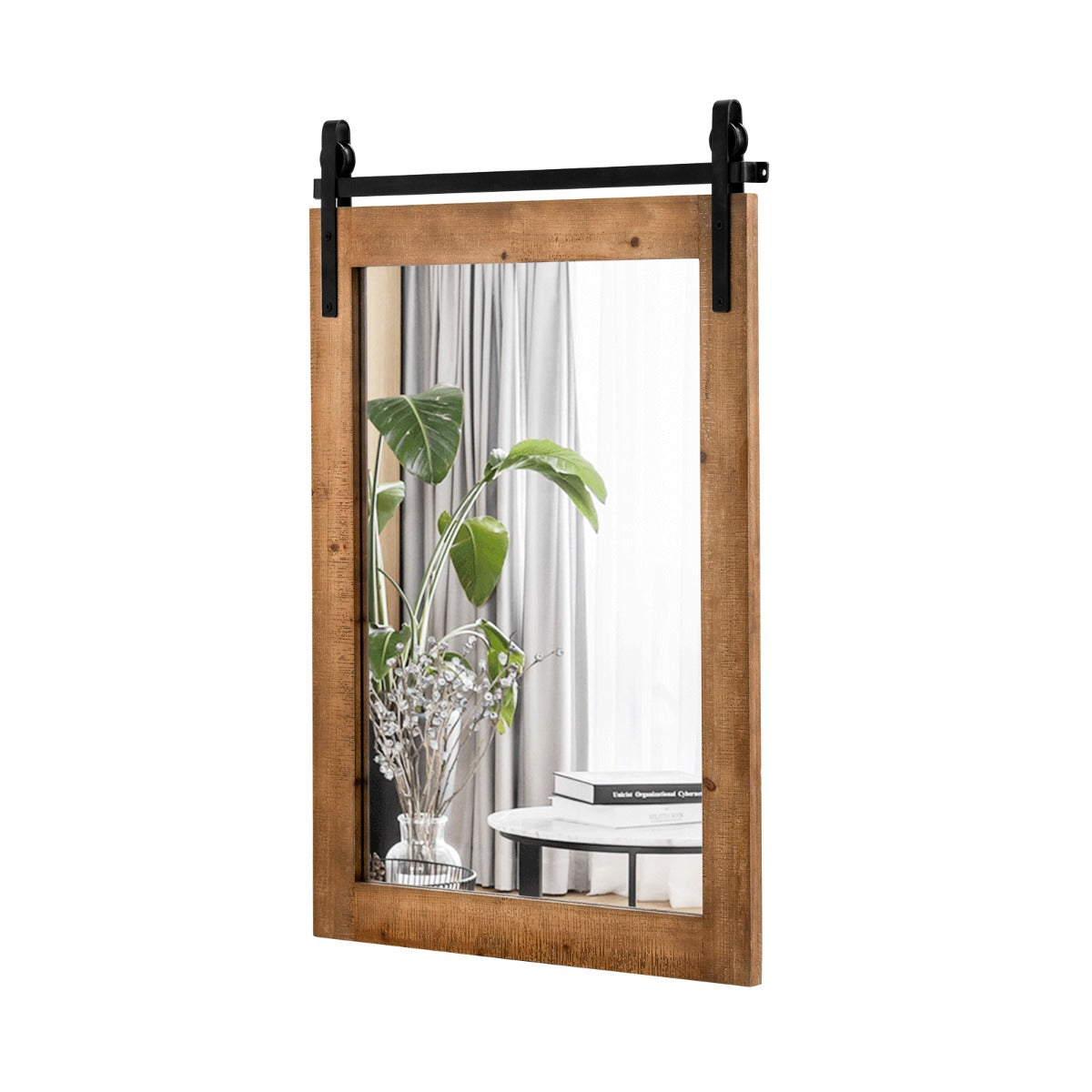 Rustic Farmhouse Wall Mirror with Solid Wood Frame and Metal Bracket, 76.5cm