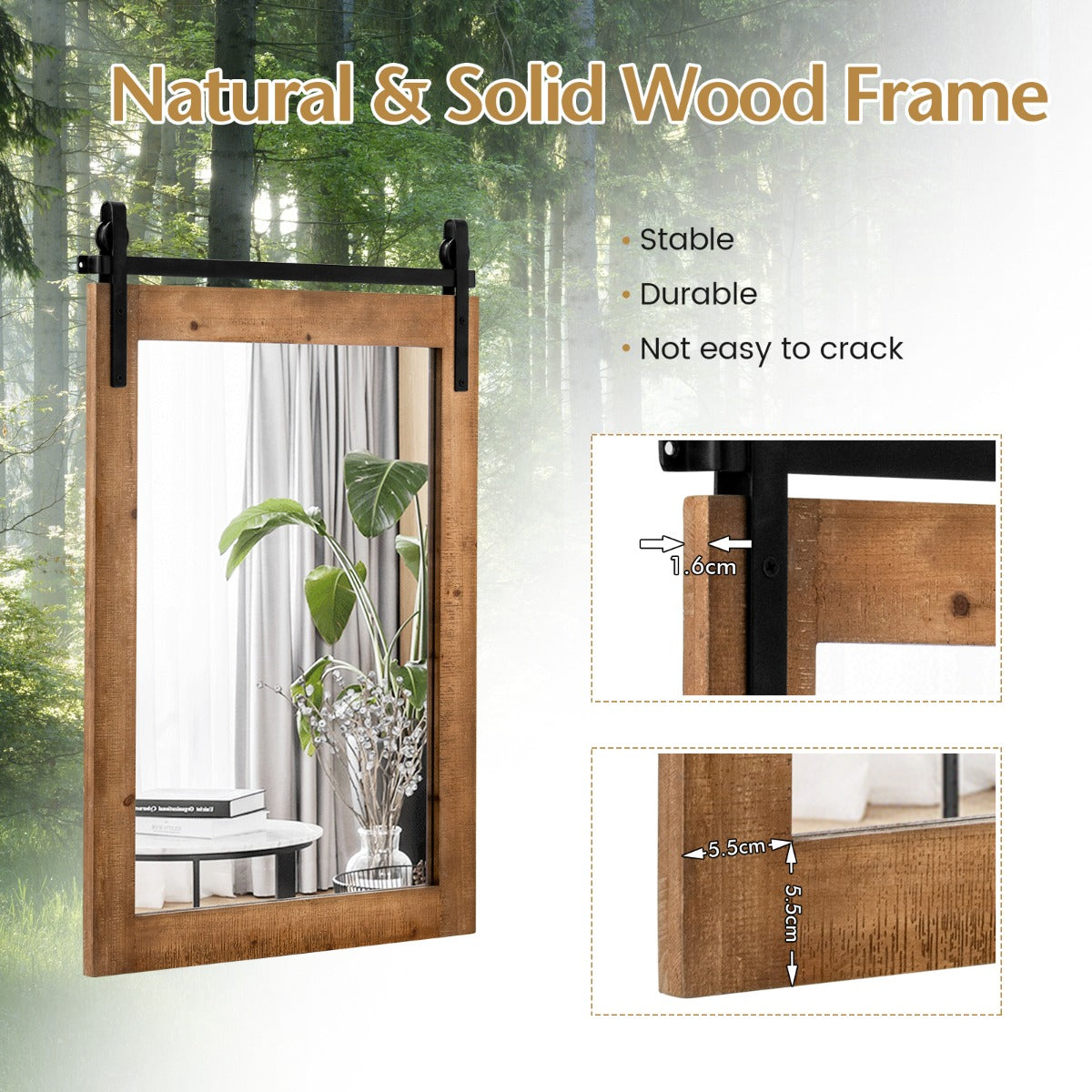 Costway Farmhouse Wall Mirror with Solid Wood Frame and Metal Bracket-Brown