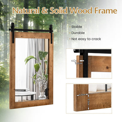 Costway Farmhouse Wall Mirror with Solid Wood Frame and Metal Bracket-Brown
